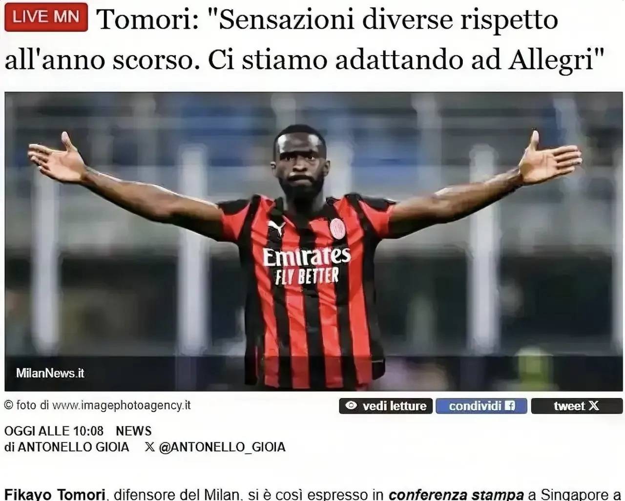 意甲：米兰球员托莫里接受采访时表示，我会努力适应阿莱格里的战术，去竞争主力位置